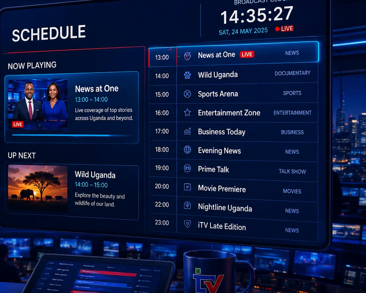 iTV Uganda digital programme schedule and broadcast control room