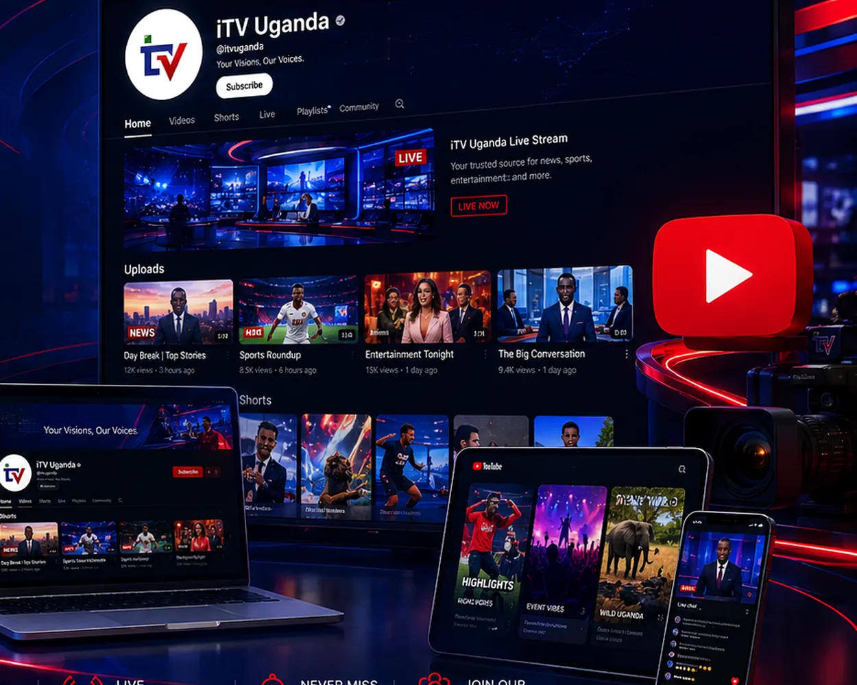 iTV Uganda YouTube channel displayed across television, laptop, tablet and phone